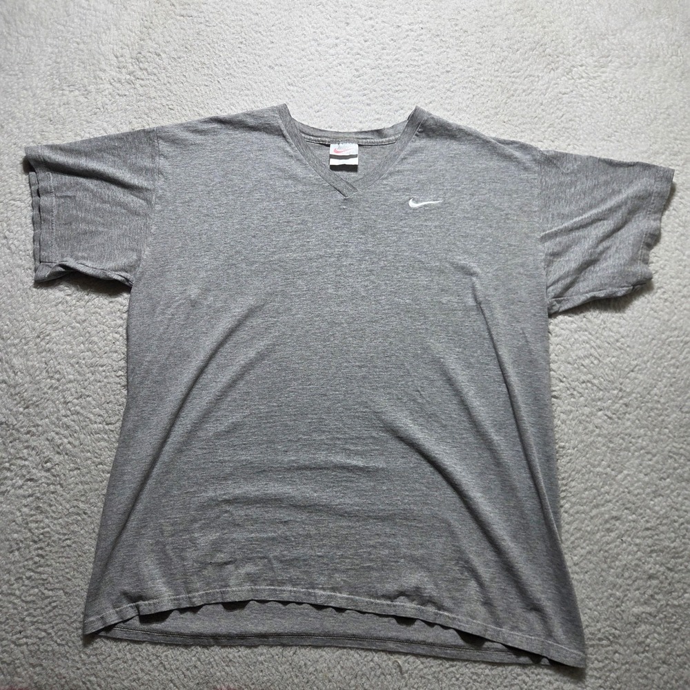 Vintage 90s Nike T Shirt Mens XL Gray V Neck Embroidered Swoosh Sportswear Gorp
